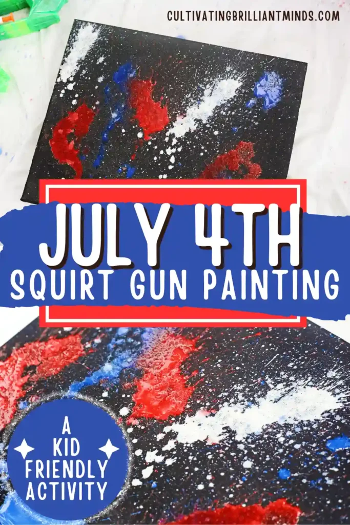 Neon-green and orange toy water guns on a paint-splattered surface beside a black canvas with red, blue, and white splatters.