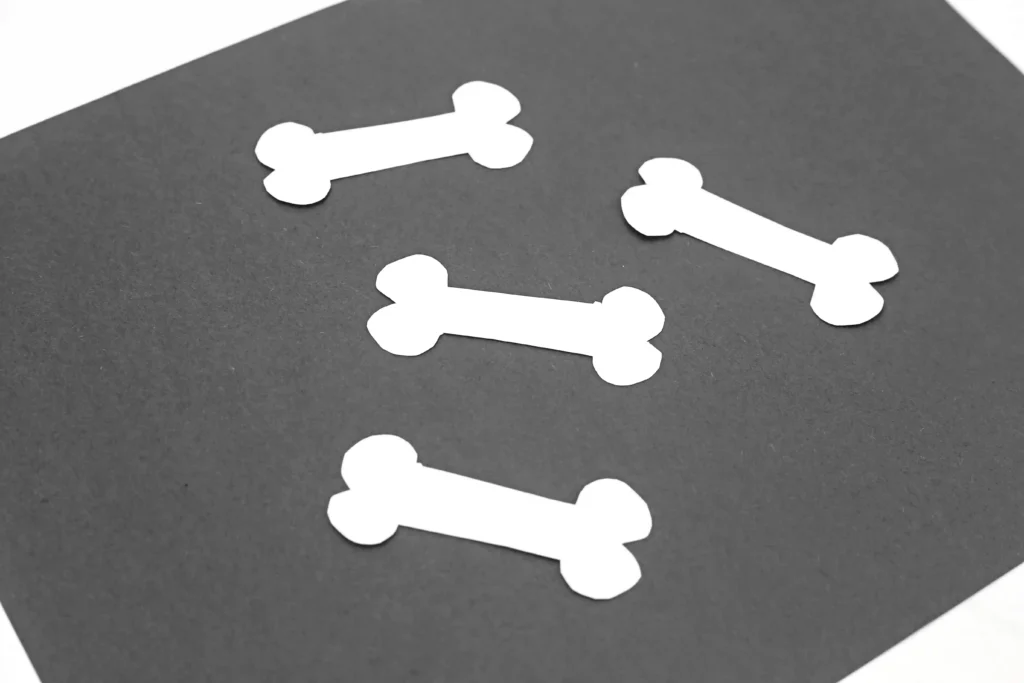 Several white bone-shaped cutouts scattered on a dark gray textured surface, like a playful pattern.