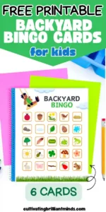 Backyard Bingo activity sheet with a 5x5 grid of nature icons in orange frames (ladybug, acorn, dandelion, bird, hay, rock, cloud, leaf, pinecone, splash, tree, feather, Free!, grass, frog, sun, bee, clover, mushroom, flower, rabbit, butterfly, branch, ball, squirrel).
