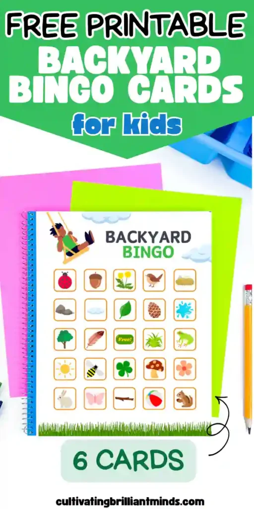 Backyard Bingo activity sheet with a 5x5 grid of nature icons in orange frames (ladybug, acorn, dandelion, bird, hay, rock, cloud, leaf, pinecone, splash, tree, feather, Free!, grass, frog, sun, bee, clover, mushroom, flower, rabbit, butterfly, branch, ball, squirrel).
