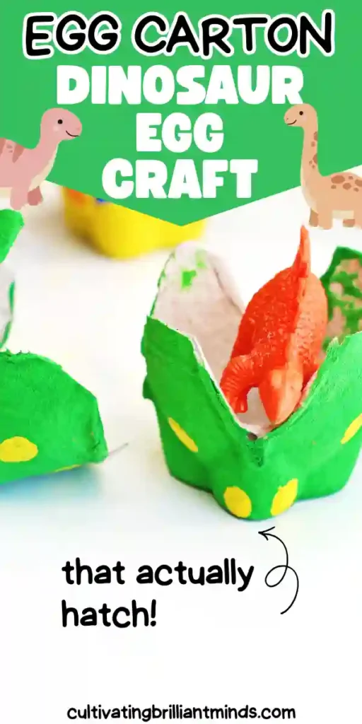 Colorful painted egg-cartons with toy dinosaurs inside on a white surface with a paint plate nearby.