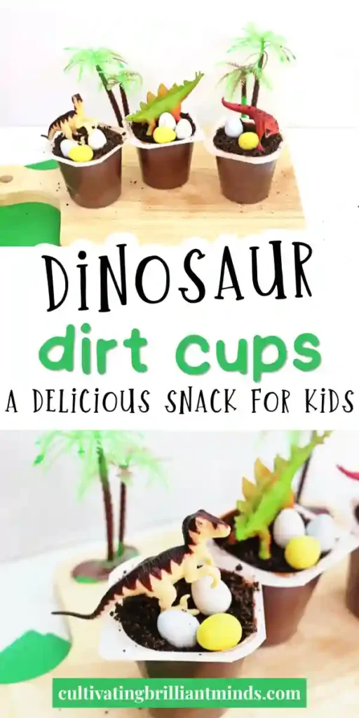 a dinosaur dirt cup that has chocolate pudding with crushed oreos, robins eggs, and a toy dinosaur on top