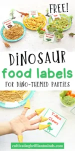 dinosaur party food labels with grapes, pretzels, bugles, broccoli, and carrots
