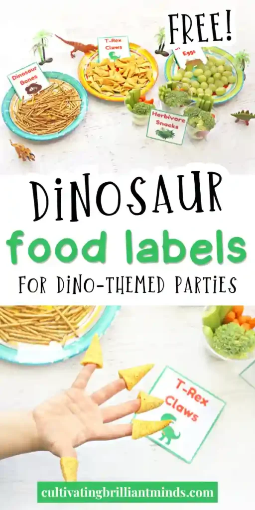 dinosaur party food labels with grapes, pretzels, bugles, broccoli, and carrots