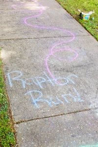 sidewalk chalk on a sidewalk that reads raptor run with a squiggly line