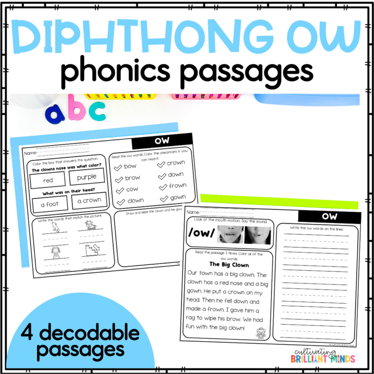 decodable diphthong ow reading passages with comprehension questions