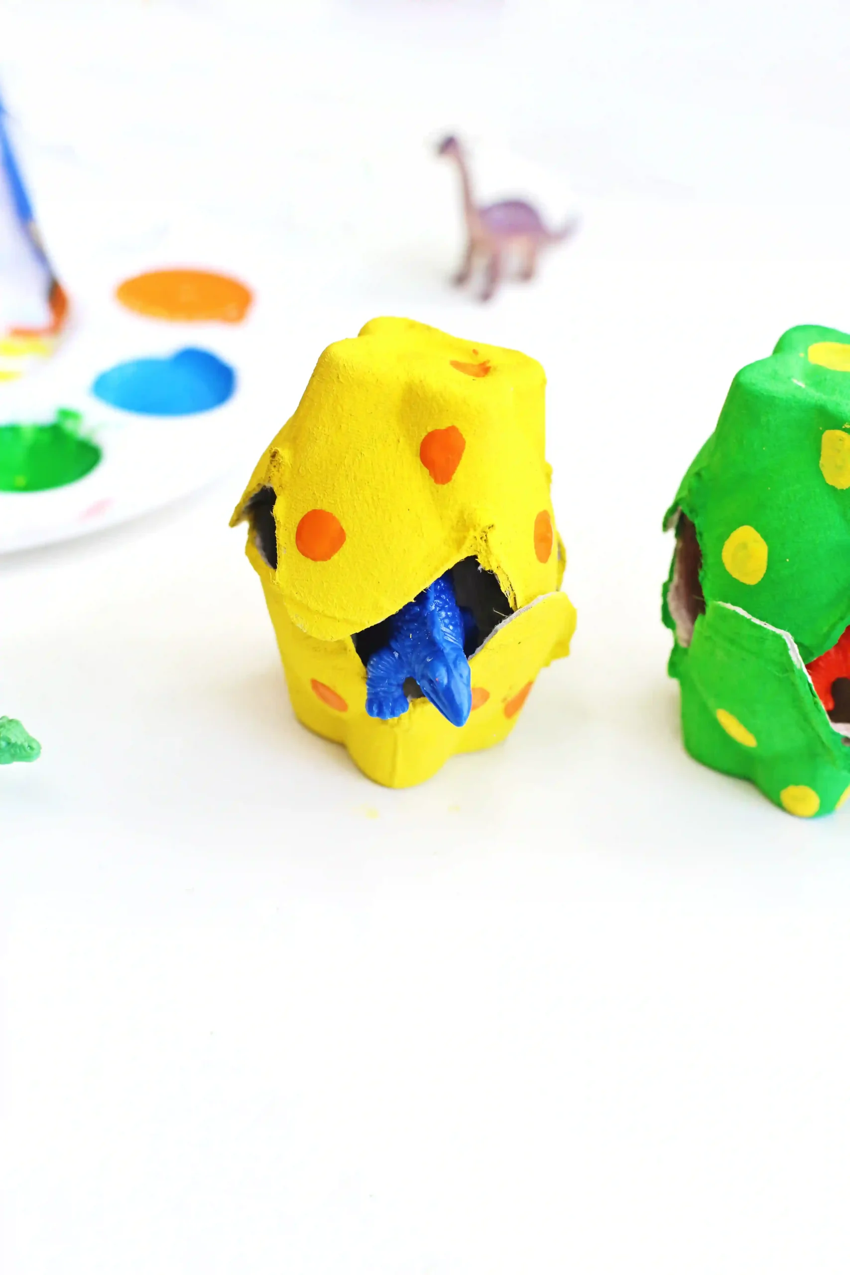 Close-up of colorful egg carton cups with polka-dots