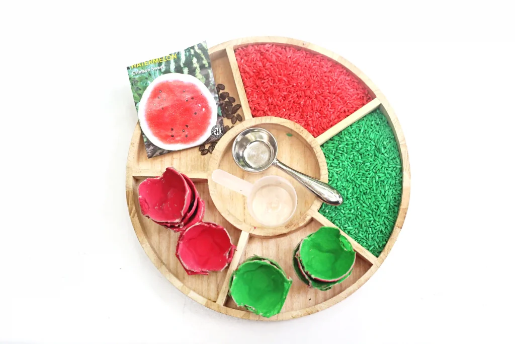 Egg Carton Watermelon Fine Motor Activity - Cultivating Brilliant Minds supplies for the Egg Carton Watermelon Fine Motor Activity- painted egg cartons, scoopers, colored rice and seeds