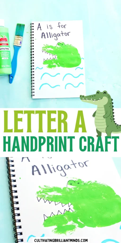 a letter A handprint craft for kids - a notebook with a green handprint stamped on it and decorated with look like an alligator with "A is for Alligator" written on top