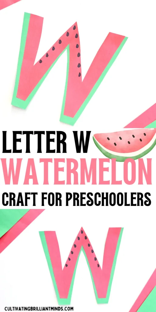 a preschool alphabet activity that has a letter w cut out of green and pink construction paper with black seeds drawn on