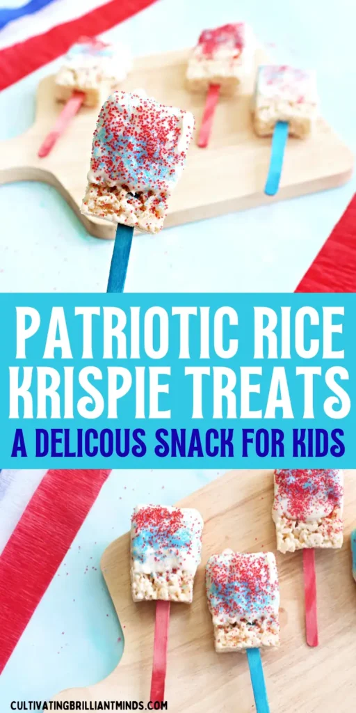 Patriotic Rice Krispie Pops - Cultivating Brilliant Minds Patriotic rice cereal treats on red and blue sticks with white icing and red sprinkles, arranged on a wooden board.