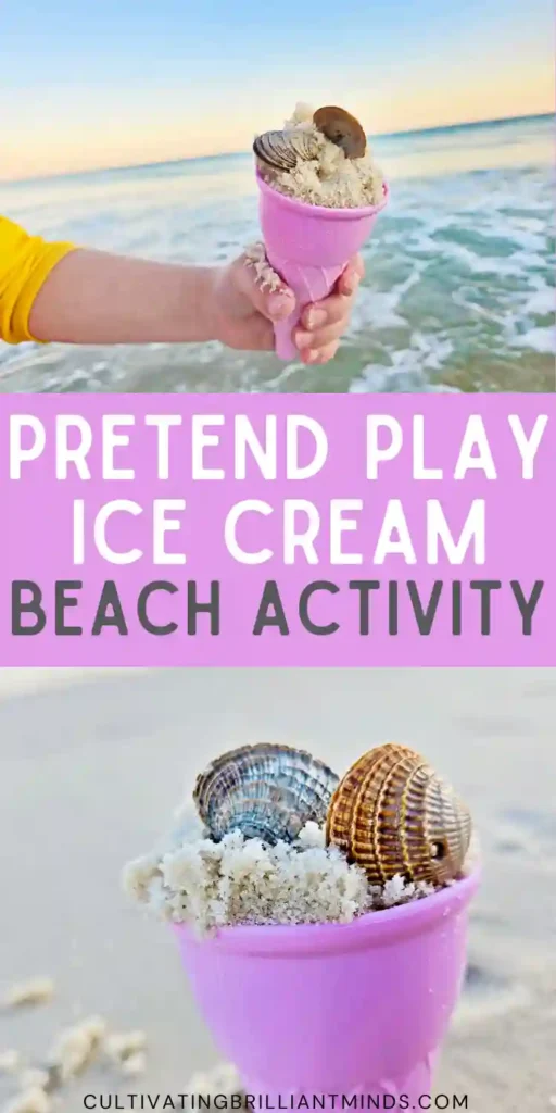 Pink plastic waffle cone with two seashells on top, set against a sandy beach.