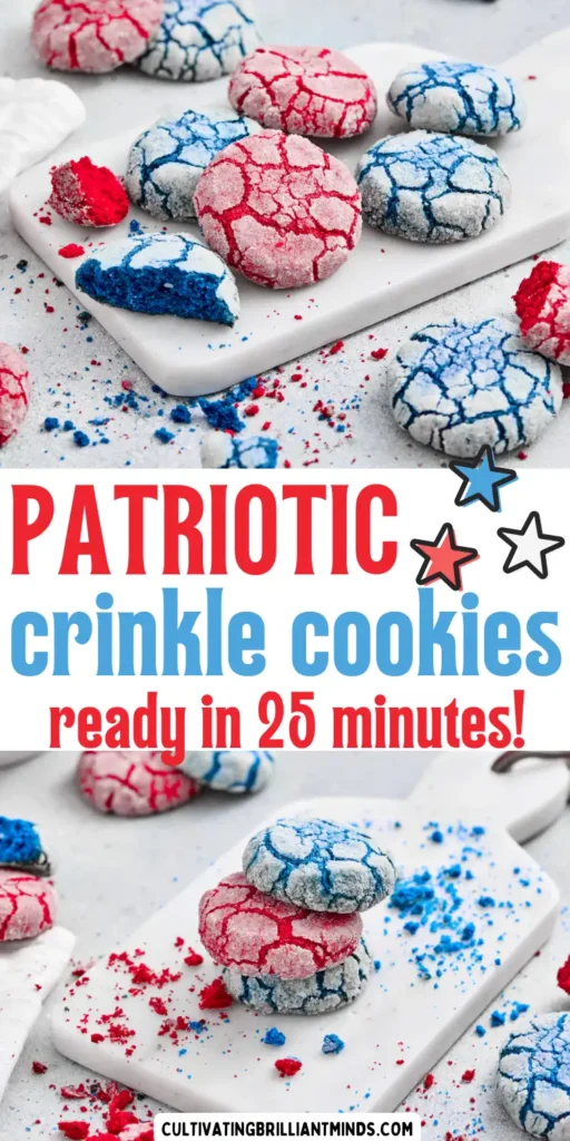 red and blue crinkle cookies on a white board