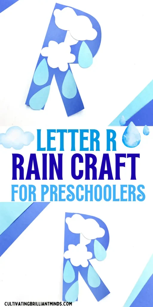 rainy day craft with a letter R cut out of blue construction paper with rain drops and clouds