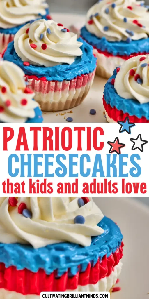 Patriotic cheesecakes with white swirls and red, blue sprinkles on a white plate on a gray countertop