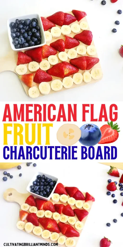 an American Flag Fruit Charcuterie Board that uses blueberries, bananas, and strawberries to make the american flag