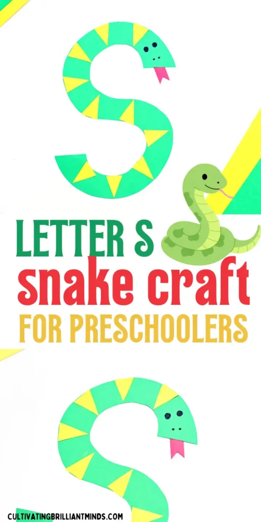 a letter craft for preschoolers of a green S cut out of construction paper decorated to look like a snake with yellow scales and a red tongue