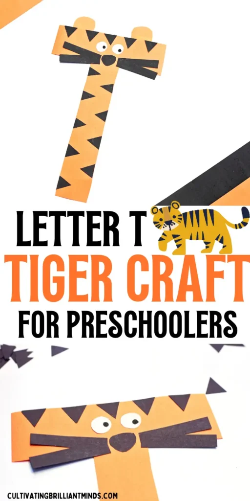 Orange paper tiger alphabet craft composed of strip-cut shapes with black triangular stripes, round white eyes, and a black nose.