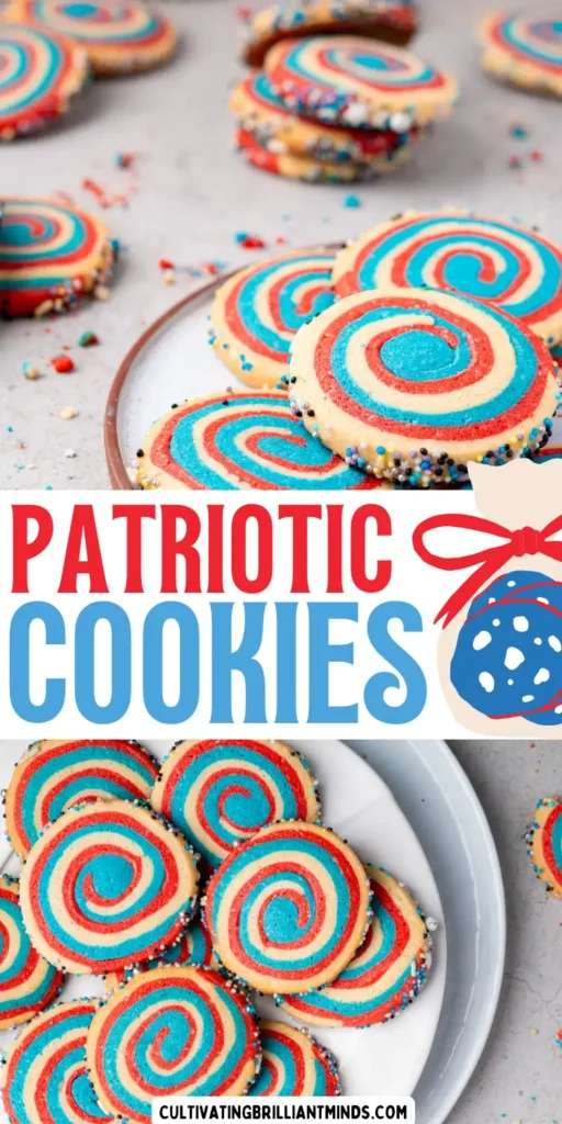 red white and blue swirled patriotic pinwheel cookies with sprinkles on the sides on a white plate