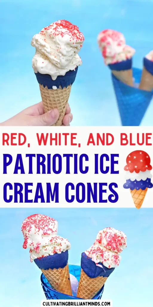 Two ice cream cones dipped in blue chocolate and white ice cream topped with red sprinkles in a blue holder against a pale blue background