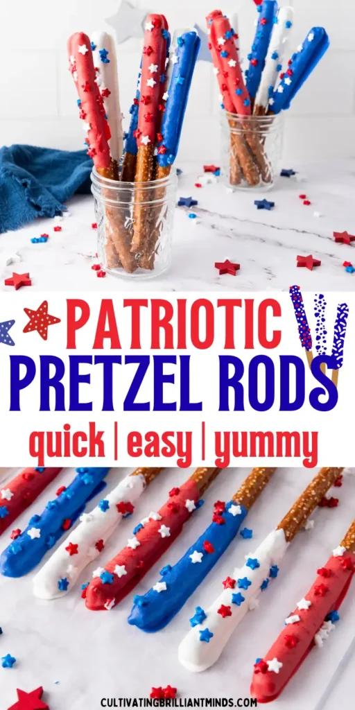 Patriotic snacks: red, white, and blue pretzel sticks with star sprinkles in glass jars on a white surface.