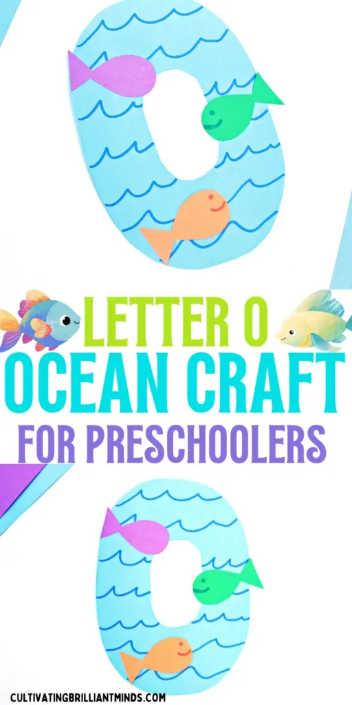 a letter O cut out of blue paper with blue waves drawn on and colorful paper fish glued on top to make a letter activity for kids
