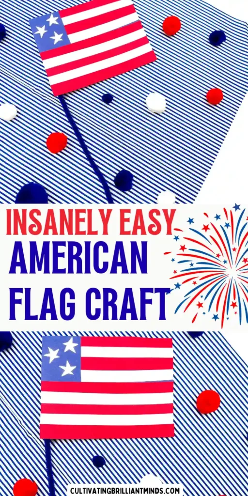 an american flag craft made out of construction paper with a pipe cleaner pole on a blue and white striped background with red, white, and blue pom poms scattered around