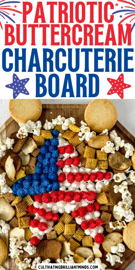 a patriotic dessert -Top-down view of a wooden hex board covered with red, white, and blue frosting rosettes, popcorn, and assorted crackers.
