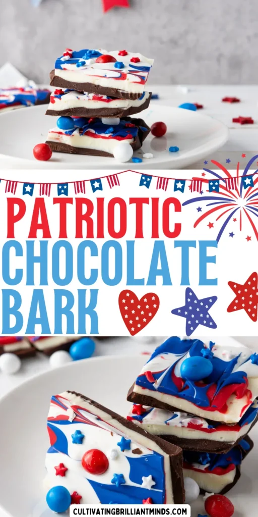 red, white and blue patriotic chocolate bark with patriotic m&ms on a white plate