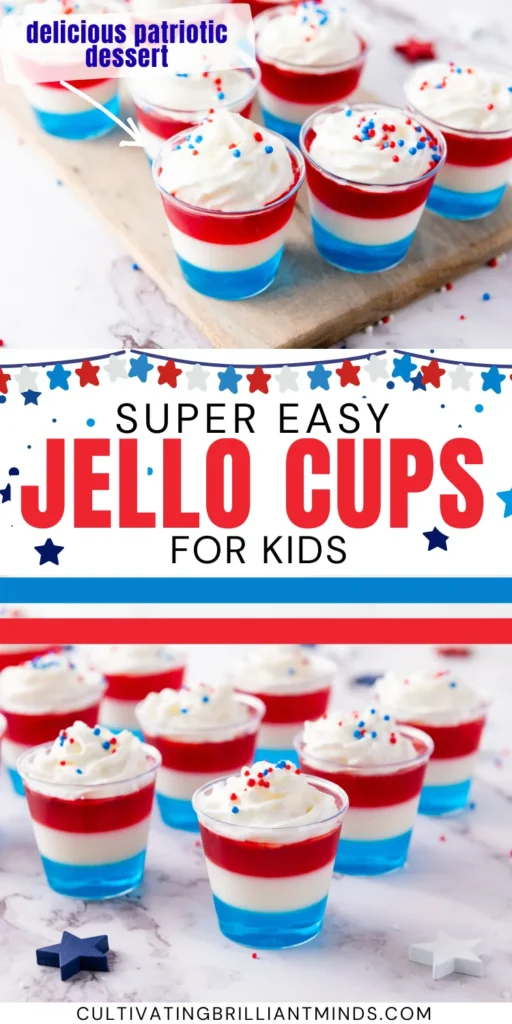 Patriotic layered dessert cups in red, white, and blue with whipped cream and red‑blue sprinkles on a marble surface.