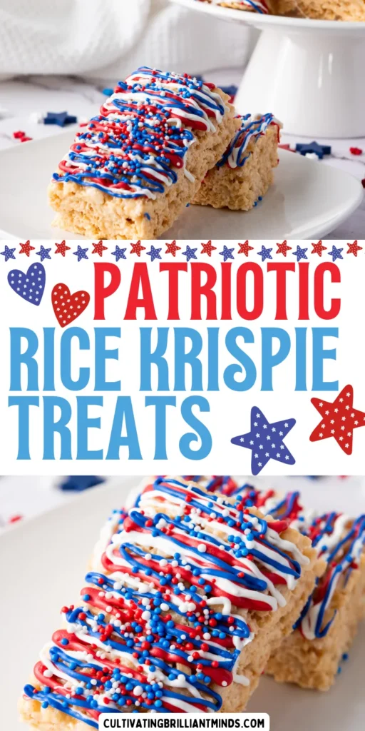 rice krispie treats with red, white, and blue chocolate and sprinkles on top