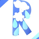 rainy day craft with a letter R cut out of blue construction paper with rain drops and clouds