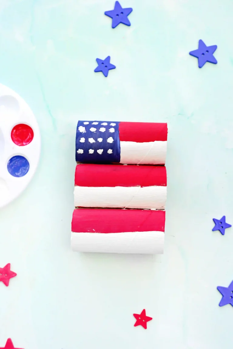 a Toilet Paper Roll American Flag that has toilet paper rolls glued together and painted to look like an American flag