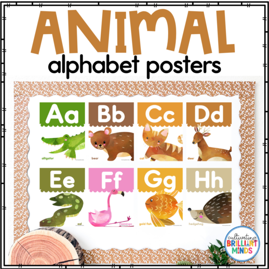 watercolor animal alphabet posters with muted colors