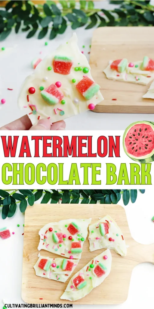 watermelon chocolate bark that is white chocolate with watermelon gummies and watermelon-themed sprinkles