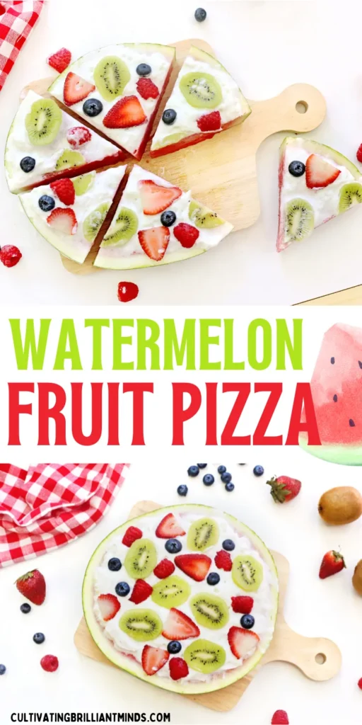 a watermelon pizza that is watermelon with whipped topping and fruits on top