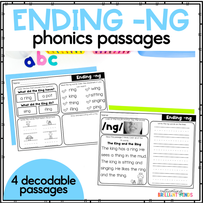decodable ending digraph -NG reading passages with comprehension questions