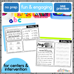decodable ending digraph -NG reading passages with comprehension questions