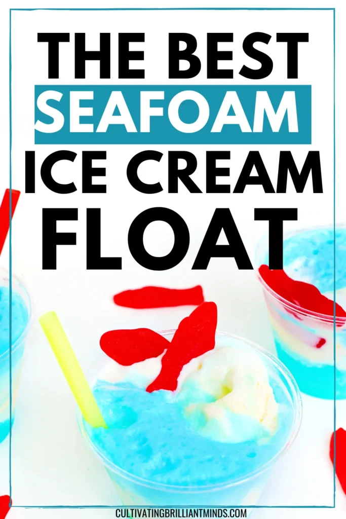 a seafoam ice cream float made with blue drink, vanilla ice cream and swedish fish for a poolside snack