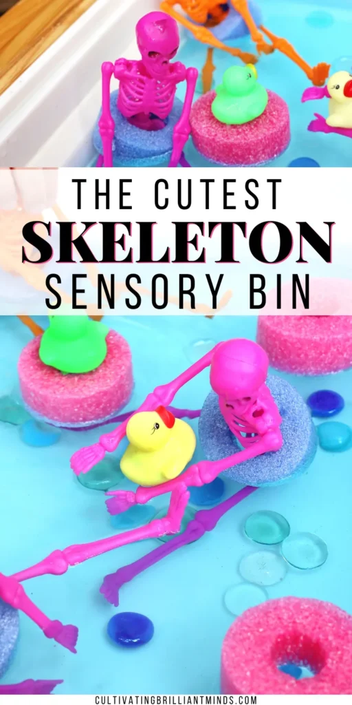 Pink plastic skeleton toy in a blue bath with colorful pool noodle slices and rubber ducks nearby.