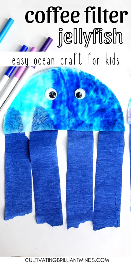 Coffee Filter Jellyfish Craft - Cultivating Brilliant Minds a Coffee Filter Jellyfish Craft with a coffee filter colored iwth blue, pink, and purple markers and blue streamers for the jellyfish tentacles