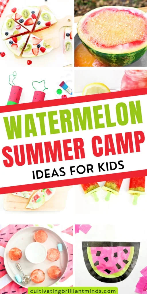 a collage of watermelon crafts, activities, and recipes for a watermelon summer camp theme