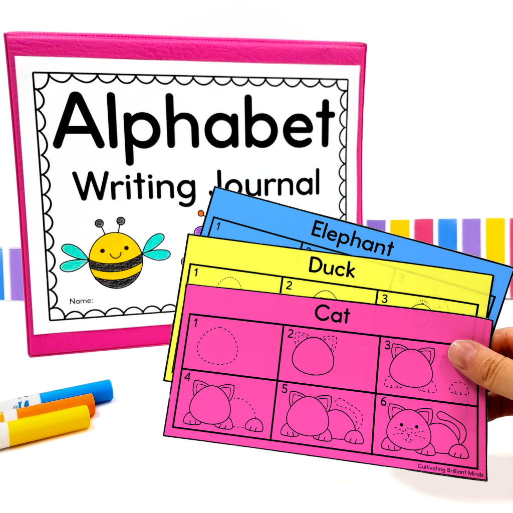 KEEP ALPHABET JOURNAL - Cultivating Brilliant Minds Cover of a bright pink kids' alphabet workbook with a bee illustration and colorful practice cards nearby