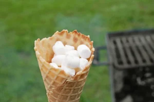 Waffle cone filled with white marshmallows, held outdoors against a green background.