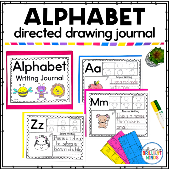 An alphabet directed drawing journal where kids draw a picture starting with a letter and writing about it