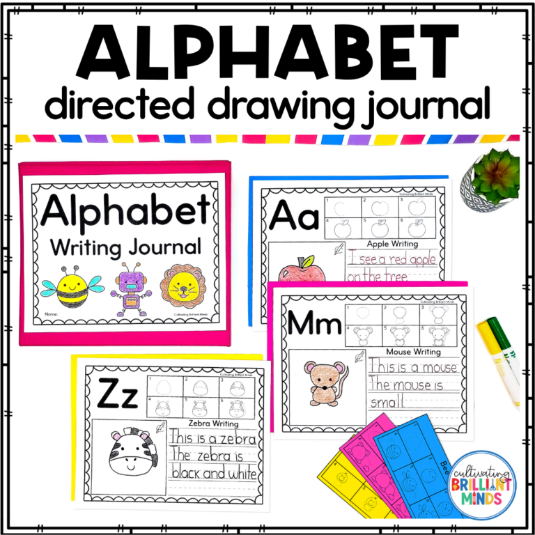 An alphabet directed drawing journal where kids draw a picture starting with a letter and writing about it