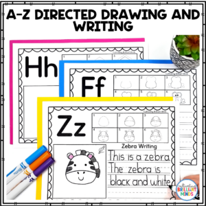 An alphabet directed drawing journal where kids draw a picture starting with a letter and writing about it