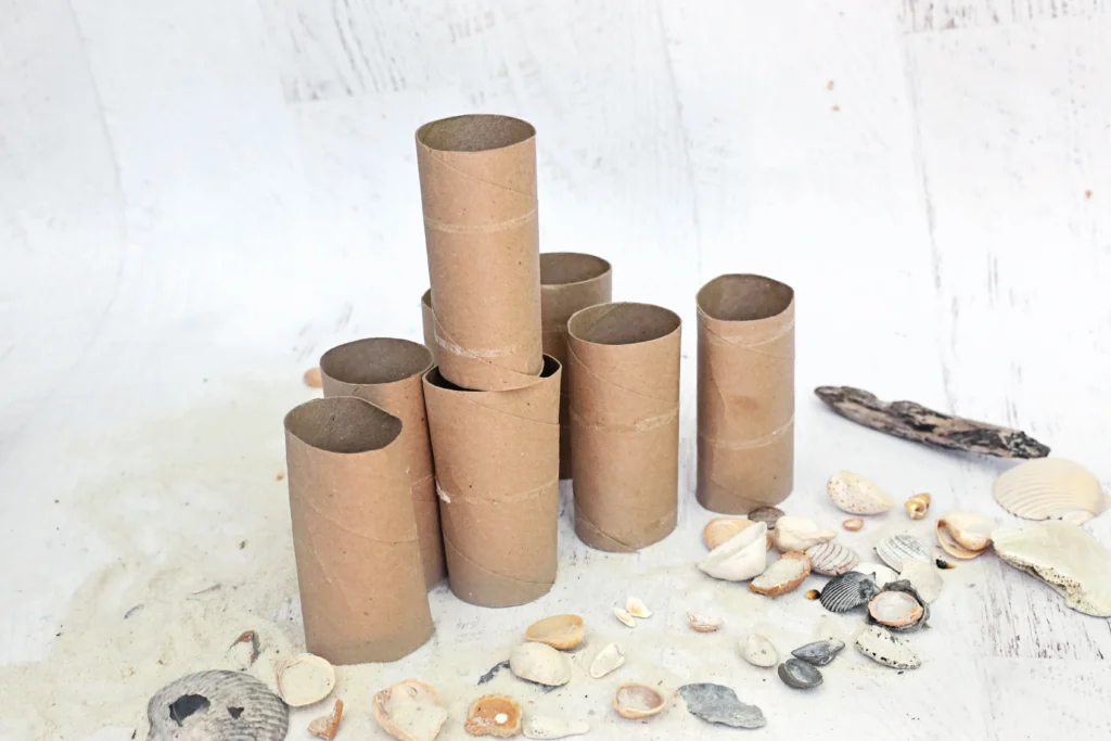 supplies for the summer STEM activity - Tall tower of cardboard tubes standing upright on a pale surface, with seashells scattered around the base.