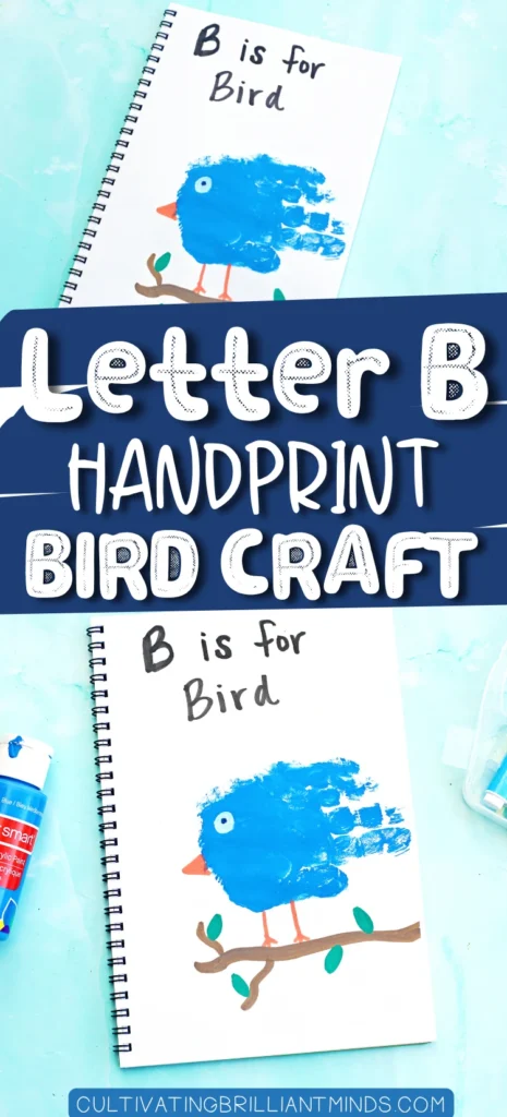 a letter b handprint craft that is a blue handprint with a bead and eye to look like a bird with the words "b is for bird" written above it.