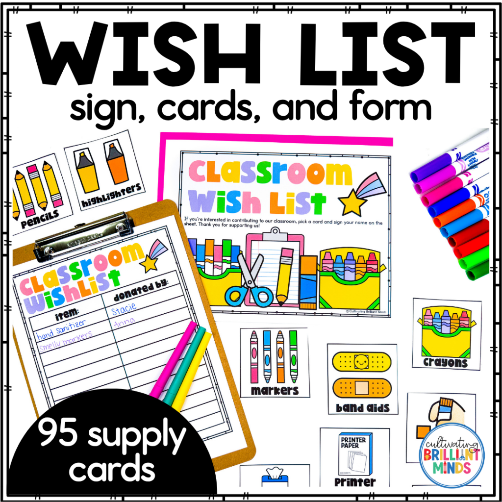 a classroom wishlist form with supply cards
